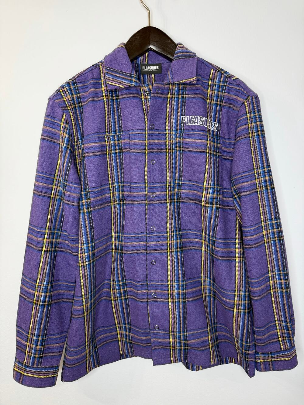 PLEASURES Widow Heavyweight Flannel Shirt Long Sleeve Plaid Embroidered Birds M